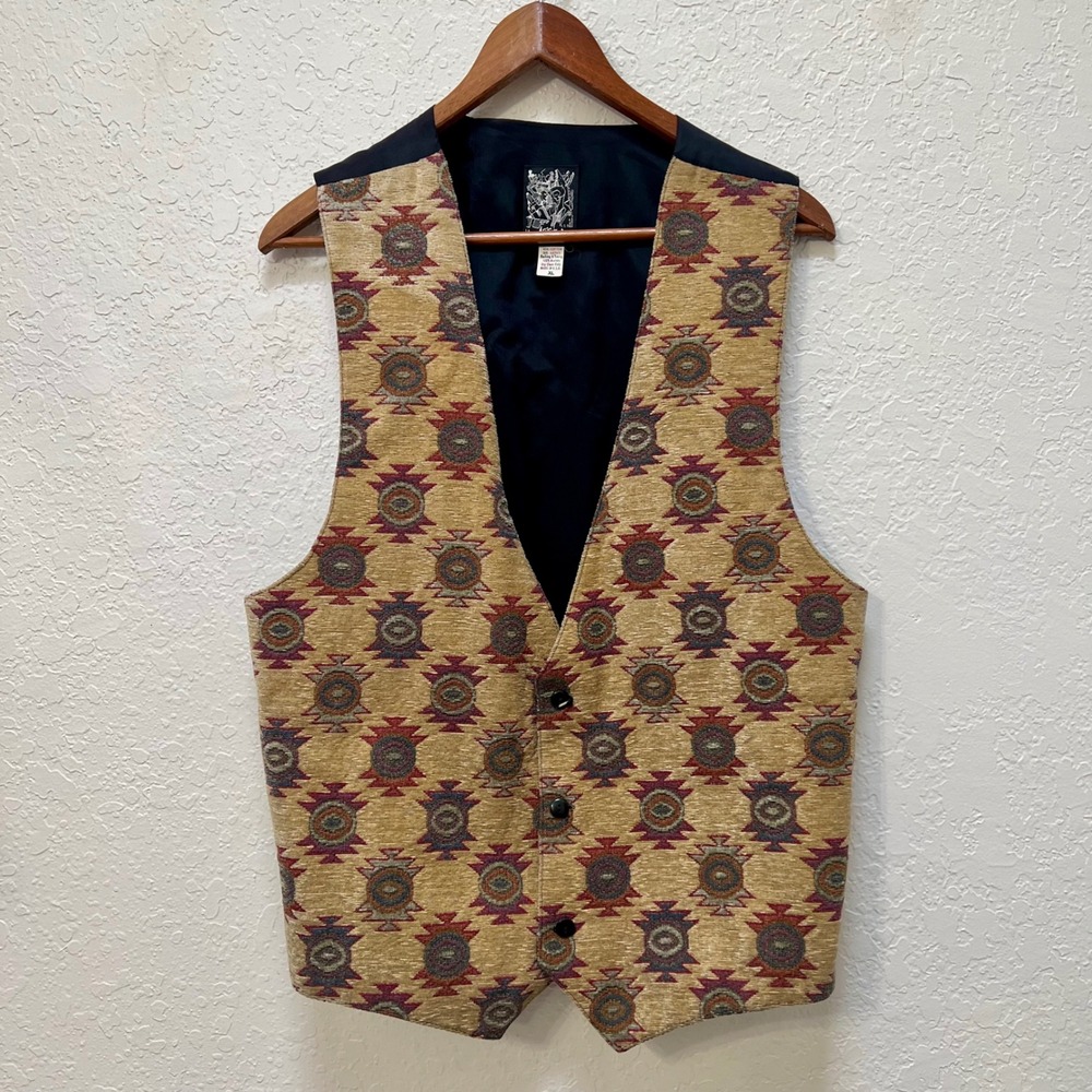 VTG Southwestern Tapestry Vest XL Tan Red Geometric Made USA 90s Boho Cowgirl